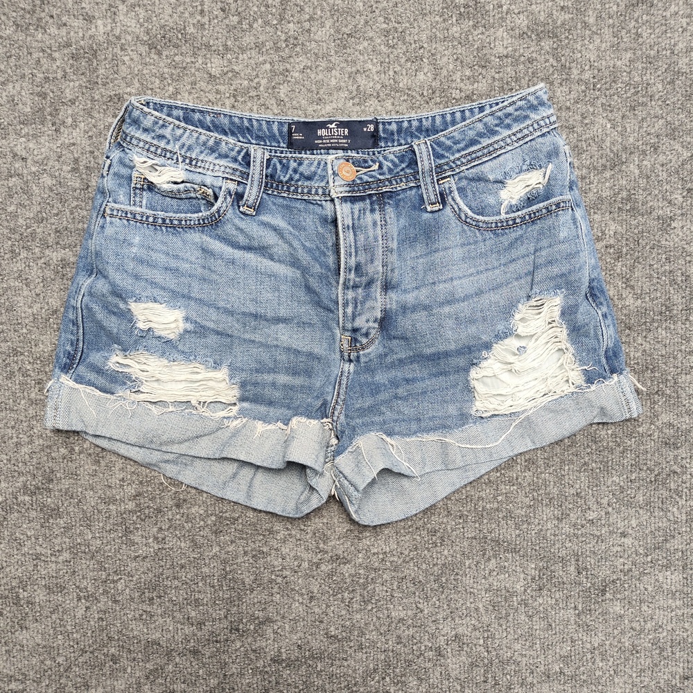 Hollister Denim Shorts Juniors 7 Light Wash High Rise Mom Cuffed Distressed 3 In
